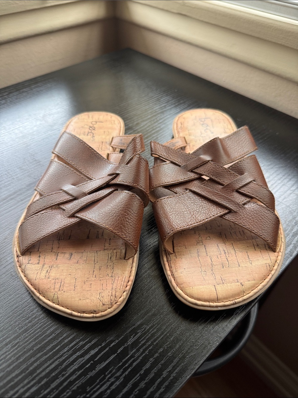 boc Brown Leather Crisscross Slide Sandals
